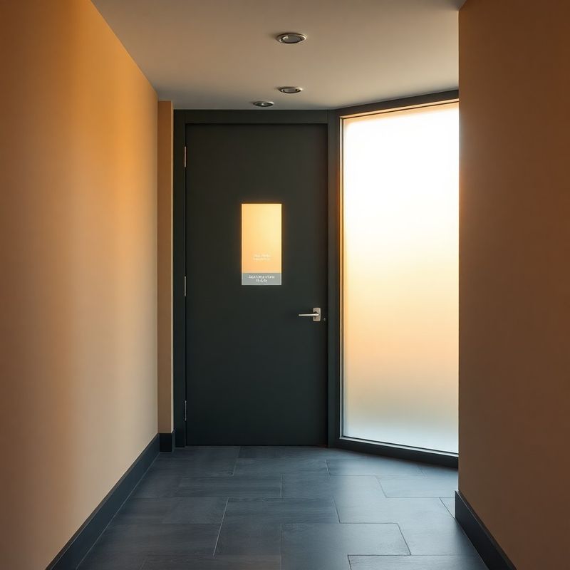 Holul de intrare al biroului InsightBlueprint din București, tonuri de ardezie și crem, lumină caldă prin sticlă mată