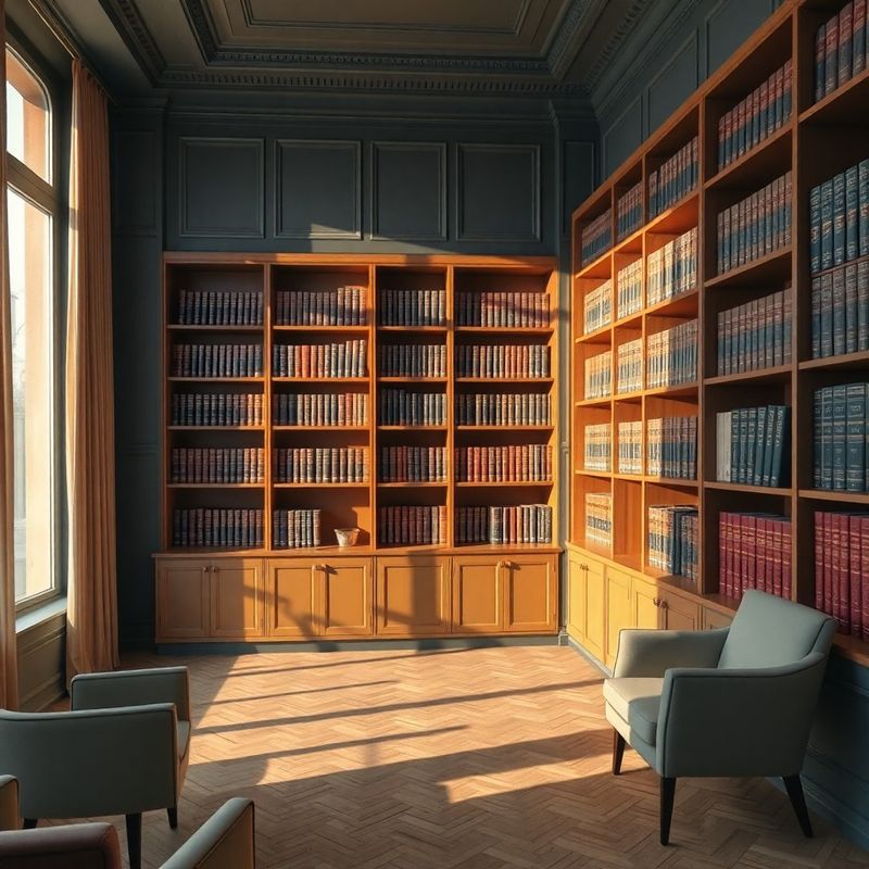 Birou elegant de consultanță din București cu biblioteci din lemn cald și lumină ochre în după-amiază